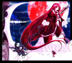 Rule 34 | 1girl, boots, castle, dress, frills, glowing, goth fashion, hisame shizuki, long hair, moon, night, pale skin, red eyes, red hair, red moon, scythe, solo, very long hair, weapon