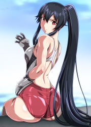 Rule 34 | 10s, 1girl, ass, black hair, competition swimsuit, cowboy shot, from behind, gloves, grey gloves, kantai collection, long hair, looking at viewer, looking back, monteriakitto, one-piece swimsuit, ponytail, red eyes, scrunchie, sitting, solo, swimsuit, very long hair, yahagi (kancolle)