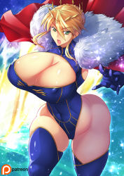 Rule 34 | 1girl, ahoge, areola slip, artoria pendragon (fate), artoria pendragon (lancer) (fate), blonde hair, blue gloves, blue leotard, blue thighhighs, braid, breasts, cleavage, cleavage cutout, clothing cutout, covered erect nipples, covered navel, cowboy shot, crown, curvy, elbow gloves, fate/grand order, fate (series), french braid, gloves, green eyes, haganef, hair between eyes, highleg, highleg leotard, huge breasts, leotard, looking at viewer, medium hair, open mouth, sidelocks, solo, swept bangs, thighhighs, wide hips