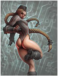 Rule 34 | 1990s (style), 1girl, ass, ben newman, blonde hair, blue eyes, boots, braid, cammy white, clenched hand, elbow gloves, from behind, garrison cap, gloves, hat, leotard, lips, long hair, looking back, nose, ribbed leotard, solo, street fighter, street fighter zero (series), thong leotard, twin braids