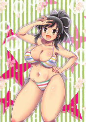 Rule 34 | 1girl, asuka (senran kagura), bad id, bad pixiv id, bikini, black eyes, black hair, breasts, cleavage, commentary request, commission, contrapposto, cowboy shot, front-tie top, hand on own hip, highres, kawamoto hiroshi, large breasts, looking at viewer, pixiv commission, ponytail, ribbon, senran kagura, side-tie bikini bottom, solo, standing, striped background, striped bikini, striped clothes, swimsuit, v over eye, white ribbon