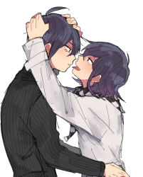 Rule 34 | 2boys, ahoge, black hair, checkered clothes, checkered scarf, commentary request, danganronpa (series), danganronpa v3: killing harmony, eyelashes, flipped hair, from side, hair between eyes, hands on another&#039;s head, hands on another&#039;s waist, jacket, long sleeves, looking at another, male focus, multiple boys, oma kokichi, open mouth, pinstripe jacket, pinstripe pattern, purple eyes, purple hair, saihara shuichi, scarf, short hair, smile, striped clothes, striped jacket, tongue, tongue out, torapippi, upper body, vertical-striped clothes, white background, yaoi