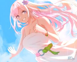 Rule 34 | 1girl, airani iofifteen, blue sky, breasts, cleavage, dress, flower, hair flower, hair ornament, highres, hololive, hololive indonesia, large breasts, long hair, pink hair, purple eyes, signature, sky, smile, sundress, takomonty, virtual youtuber