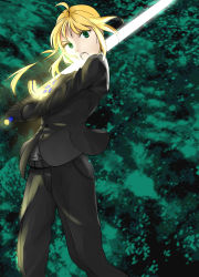 Rule 34 | ahoge, androgynous, artoria pendragon (all), artoria pendragon (fate), blonde hair, fate/stay night, fate/zero, fate (series), formal, gender request, green eyes, open mouth, pant suit, pants, reverse trap, saber (fate), suit, sword, weapon