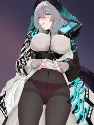 Rule 34 | 1girl, absurdres, aqua eyes, aqua wings, arknights, between breasts, black pantyhose, blue nails, blush, breasts, cameltoe, cdof1300, chest harness, closed mouth, clothes lift, coat, commentary, covered erect nipples, covered navel, cowboy shot, dress, dress lift, english commentary, fingerless gloves, from below, furrowed brow, gloves, gradient background, grey dress, grey gloves, grey hair, hair between eyes, harness, head wings, highres, ho&#039;olheyak (arknights), infection monitor (arknights), large breasts, lifting own clothes, looking at viewer, medium hair, nail polish, open clothes, open coat, panties, panties under pantyhose, panties visible through clothes, pantyhose, pink panties, purple background, simple background, smile, snake tail, solo, standing, strap between breasts, tail, thighband pantyhose, tongue, tongue out, underbust, underwear, white coat, wings