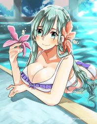 Rule 34 | alternate costume, aqua eyes, aqua hair, ass, bare shoulders, bikini, breasts, cleavage, flower, hair between eyes, hair flower, hair ornament, holding, holding flower, jewelry, kantai collection, large breasts, long hair, looking at viewer, partially submerged, pool, ring, sagamiso, smile, solo, suzuya (kancolle), swimsuit, twitter username, wedding band, white bikini