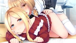 Rule 34 | 1boy, 1girl, agnes avril, androgynous, ass grab, bare legs, blonde hair, blue eyes, blush, braid, closed mouth, collarbone, crossdressing, drill hair, fumimori nao, game cg, garter straps, go-1, hair ribbon, hand on another&#039;s cheek, hand on another&#039;s face, hetero, indoors, long hair, long sleeves, maid, maid headdress, open mouth, otome to fureau hitotsu yane no shita, parted bangs, red shirt, ribbon, shirt, single braid, smile, thighhighs, trap, trap on female, twin drills, white ribbon, yellow eyes