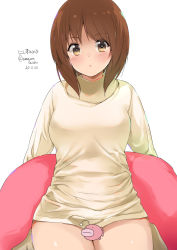 Rule 34 | 1girl, amasora taichi, anglerfish, bottomless, brown eyes, brown hair, casual, censored, character name, closed mouth, commentary, dated, emblem, fish, girls und panzer, highres, long sleeves, looking at viewer, nishizumi miho, one-hour drawing challenge, pillow, shirt, short hair, sitting, solo, twitter username, wariza, white shirt