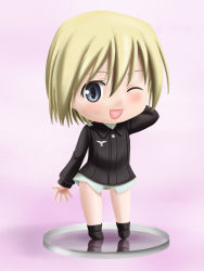 Rule 34 | 00s, 1girl, blonde hair, blue eyes, chibi, erica hartmann, figure, lielos, military, military uniform, nendoroid, one eye closed, short hair, solo, strike witches, uniform, wink, world witches series