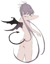 Rule 34 | 1girl, ass, breasts, closed eyes, completely nude, demon girl, demon tail, demon wings, grey hair, long hair, nitrio, nude, original, simple background, sketch, small breasts, solo, tail, twintails, very long hair, white background, wings