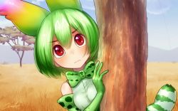 Rule 34 | 10s, 1girl, animal ears, bare shoulders, bow, bowtie, cellval, commentary request, day, elbow gloves, extra ears, gloves, grass, green bow, green bowtie, green gloves, green hair, hair between eyes, kemono friends, looking at viewer, nature, outdoors, peeking out, print bow, print bowtie, print neckwear, red eyes, savannah, serval print, serval tail, shirt, short hair, signature, sleeveless, sleeveless shirt, solo, striped tail, tail, tree, welt (kinsei koutenkyoku), white shirt