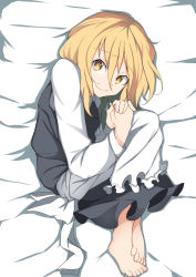 Rule 34 | apron, back bow, barefoot, bed sheet, black skirt, blonde hair, bow, closed mouth, commentary request, eesu, fetal position, frilled apron, frilled skirt, frills, happy, highres, kirisame marisa, long hair, long sleeves, no headwear, shirt, skirt, smile, toes, touhou, waist apron, waist bow, white apron, white bow, white shirt, yellow eyes