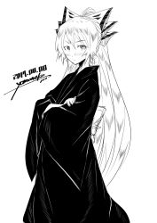 Rule 34 | 1girl, :/, blush, bow, crossed arms, dated, fujiwara no mokou, greyscale, hair bow, highres, japanese clothes, kimono, long hair, looking at viewer, monochrome, ponytail, signature, sketch, solo, touhou, very long hair, yomoneko