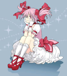 Rule 34 | 10s, 1girl, bad id, bad pixiv id, bubble skirt, choker, gloves, hair ribbon, hands on own cheeks, hands on own face, kaname madoka, kneehighs, magical girl, mahou shoujo madoka magica, mahou shoujo madoka magica (anime), pink eyes, pink hair, ribbon, saji (mei-low), short twintails, sitting, skirt, smile, socks, solo, twintails, white socks