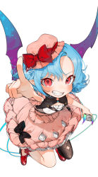Rule 34 | 1girl, artist name, bat wings, black bow, black legwear, blue hair, blush, bow, clenched teeth, commentary request, dress, gotou (nekocat), hat, hat bow, highres, holding, looking at viewer, mob cap, pink dress, pink hat, pointing, red bow, red eyes, red footwear, remilia scarlet, shoes, short hair, short sleeves, signature, simple background, solo, teeth, touhou, white background, wings