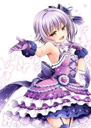 Rule 34 | 10s, 1girl, :d, bare shoulders, blush, breasts, brown eyes, bug, butterfly, dress, garter straps, gloves, hair flaps, hair ornament, idolmaster, idolmaster cinderella girls, idolmaster cinderella girls starlight stage, bug, koshimizu sachiko, light purple hair, looking at viewer, open mouth, purple dress, purple gloves, purple hair, sasahiro, short hair, sideboob, small breasts, smile, solo
