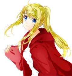 Rule 34 | 1girl, arm at side, blonde hair, blue eyes, blush, borrowed clothes, coat, commentary request, eyelashes, fingernails, floating hair, fullmetal alchemist, happy, long hair, looking at viewer, ponytail, red coat, shirt, simple background, sleeves past wrists, smile, solo, tsukuda0310, upper body, white background, white shirt, winry rockbell