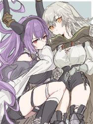 Rule 34 | 2girls, an fyhx, arknights, boots, breasts, cleavage, closed mouth, fartooth (arknights), grey hair, hair between eyes, highres, horns, large breasts, long hair, looking at viewer, lying, multiple girls, on back, purple hair, red eyes, shorts, typhon (arknights), yellow eyes