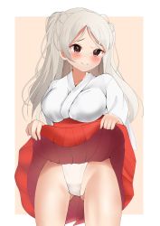 Rule 34 | 1girl, absurdres, aruka0807, breasts, brown eyes, clothes lift, conte di cavour (kancolle), gluteal fold, hakama, hakama lift, highleg, highres, japanese clothes, kantai collection, kimono, large breasts, lifted by self, long hair, miko, official alternate costume, red hakama, silver hair, smile, solo, two side up, white kimono, wide sleeves