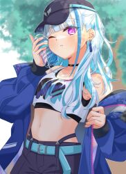 Rule 34 | 1girl, bare shoulders, baseball cap, black choker, black shorts, black tank top, blue hair, blue hat, blue jacket, blue nails, blunt bangs, bottle, choker, colored inner hair, dear xwo, earrings, hat, highres, holding, holding bottle, jacket, jewelry, lize helesta, lize helesta (8th costume), lize helesta (9th costume), long hair, looking at viewer, midriff, multicolored hair, navel, nijisanji, off shoulder, one eye closed, purple eyes, shorts, solo, standing, tank top, tree, two-tone hair, two side up, unzipped, very long hair, virtual youtuber, water bottle, white hair, white tank top