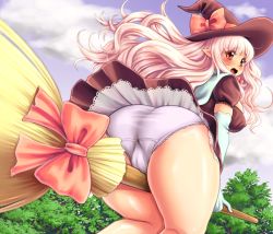 Rule 34 | 1girl, ass, blush, broom, broom riding, cameltoe, cloud, dress, elbow gloves, fang, flying, gloves, hat, highres, kokumotsu, long hair, looking back, open mouth, original, panties, pink hair, pointy ears, red eyes, sky, solo, thick thighs, thighs, tree, underwear, white panties, witch, witch hat