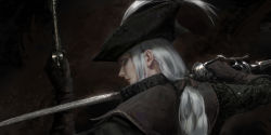 Rule 34 | 1girl, absurdres, bloodborne, bow, brown gloves, commentary, dark background, dual wielding, eyelashes, from behind, from side, gloves, hair bow, hat, highres, holding, lady maria of the astral clocktower, lips, looking back, low ponytail, ponytail, realistic, silver hair, solo, sword, the old hunters, tricorne, upper body, weapon, wlop