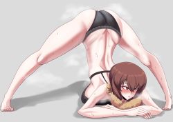 Rule 34 | 1girl, ass, back, barefoot, black bra, black panties, blush, bra, brown eyes, brown hair, brown scarf, commentary, full body, fur scarf, girls und panzer, grey background, half-closed eyes, hands on ground, highres, jack-o&#039; challenge, looking to the side, meme, nishizumi maho, open mouth, panties, scarf, shadow, short hair, simple background, skindentation, solo, spread legs, steam, sweat, tatami san tatami, textless version, top-down bottom-up, underwear, underwear only