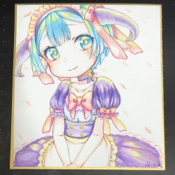 Rule 34 | 1boy, animal ears, apron, aqua eyes, aqua hair, artist name, bow, child, choker, closed mouth, collarbone, cowboy shot, curled horns, dress, frilled apron, frilled dress, frilled hairband, frilled sleeves, frills, hairband, head tilt, highres, horns, looking at viewer, made in abyss, male focus, maruruk, nina (maurururoa), own hands together, petals, photo (medium), pink bow, pink ribbon, puffy short sleeves, puffy sleeves, purple choker, purple dress, ribbon, shikishi, short sleeves, signature, sleeve ribbon, smile, solo, traditional media, trap, waist apron, white apron, yellow pupils
