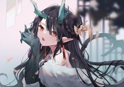 Rule 34 | 1girl, alternate hairstyle, arknights, bead bracelet, beads, black hair, blurry, blush, bracelet, braid, colored skin, depth of field, dragon horns, dusk (arknights), earrings, fang, from side, fur shawl, green hair, green skin, horns, jewelry, long hair, looking at viewer, looking to the side, multicolored hair, open mouth, own hands together, petals, pointy ears, red eyes, saiko (saisaka), shawl, solo, streaked hair, two-tone hair, upper body, very long hair