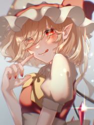 Rule 34 | 1girl, :q, alternate neckwear, back bow, bow, bowtie, chromatic aberration, commentary request, crystal, diffraction spikes, eyes visible through hair, flandre scarlet, from side, glint, grey background, hair behind ear, hair over eyes, hand up, hat, highres, hisu (hisu ), mob cap, nail polish, pointy ears, red eyes, red nails, red vest, simple background, solo, tongue, tongue out, touhou, upper body, vest, white hat, wings, yellow bow, yellow bowtie