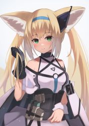 Rule 34 | 1girl, animal ears, apron, arknights, bare shoulders, black gloves, blonde hair, blouse, blush, breasts, closed mouth, commentary request, fox ears, fox girl, fox tail, gloves, green eyes, grey background, grey skirt, hair between eyes, hand up, highres, holding, holding hair, infection monitor (arknights), kitsune, long hair, looking at viewer, material growth, multicolored hair, oripathy lesion (arknights), sanukiske, shirt, simple background, single glove, skirt, small breasts, smile, solo, suzuran (arknights), tail, twintails, two-tone hair, very long hair, waist apron, white apron, white hair, white shirt