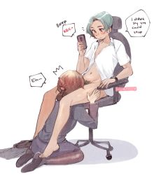 Rule 34 | 1boy, 1girl, ^^^, androgynous, barefoot, black pantyhose, blush, bottomless, brown eyes, brown hair, cellphone, chadolbaegi, chair, commentary, english commentary, english text, female pubic hair, folded ponytail, formal, full body, green hair, green pubic hair, hand on another&#039;s thigh, implied fellatio, mole, mole under eye, navel, office chair, office lady, original, pantyhose, phone, pubic hair, recording, shirt, shoes, unworn shoes, short hair, simple background, sitting, suit, swivel chair, watch, white background, white shirt, wristwatch