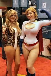 Rule 34 | 2girls, absurdres, belt, blonde hair, breasts, cape, cleavage, cleavage cutout, clothing cutout, cosplay, dc comics, gloves, highres, leotard, multiple girls, photo (medium), power girl, power girl (cosplay)