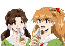 Rule 34 | absurdres, alternate color, ass, bare legs, blush, brown hair, eywy4324, food, hair bobbles, hair ornament, highres, holding, holding food, horaki hikari, ice cream, interface headset, licking foot, long hair, low twintails, neon genesis evangelion, school uniform, simple background, smile, souryuu asuka langley, standing, tokyo-3 middle school uniform, tongue, tongue out, twintails, two side up, upper body, very long hair, white background