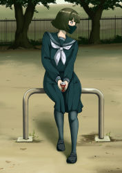 Rule 34 | 1girl, black footwear, black mask, black pantyhose, black shirt, black skirt, blunt bangs, bob cut, brown hair, can, check commentary, commentary request, day, drink can, fence, full body, highres, ixola, long sleeves, looking to the side, mask, neckerchief, original, outdoors, pantyhose, school uniform, serafuku, shirt, sitting, skirt, soda can, solo, tree, white neckerchief