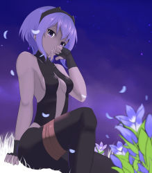 Rule 34 | 1girl, arm support, bandages, bare shoulders, black gloves, black hairband, black pants, blue flower, breasts, cleavage, covering own mouth, dark-skinned female, dark skin, fate/prototype, fate/prototype: fragments of blue and silver, fate (series), fingerless gloves, flower, gloves, hairband, hand over own mouth, hassan of serenity (fate), highres, pants, purple eyes, purple hair, shiroteru, short hair, sideboob, sitting, sky, sleeveless, small breasts, solo, star (sky), starry sky, tears