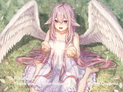 Rule 34 | 1girl, :d, ahoge, angel wings, barefoot, blush, dress, feathered wings, from above, grass, highres, light, long hair, open mouth, original, oshamu, outdoors, purple eyes, shadow, sitting, smile, solo, very long hair, wariza, white dress, white wings, wings