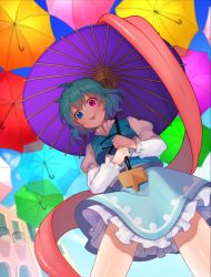 Rule 34 | 13 (spice!!), 1girl, blue eyes, blue hair, blue skirt, blue sky, blue vest, building, commentary request, frilled skirt, frills, heterochromia, highres, holding, holding umbrella, juliet sleeves, long sleeves, looking at viewer, looking down, miniskirt, oil-paper umbrella, puffy sleeves, purple umbrella, red eyes, shirt, short hair, skirt, sky, solo, tatara kogasa, tongue, tongue out, touhou, umbrella, vest, white shirt