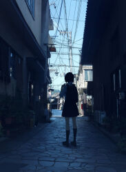 Rule 34 | 1girl, backpack, bag, black footwear, black skirt, black socks, blue sky, building, commentary request, curtains, day, doorway, from behind, highres, loafers, mountain, original, outdoors, photo-referenced, power lines, road, school uniform, shirt, shoes, silhouette, skirt, sky, socks, solo, standing, street, unagi189, utility pole, vanishing point, white shirt, window