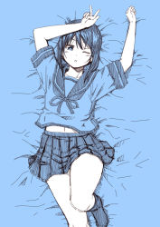 Rule 34 | 10s, 1girl, arms up, blue background, blue theme, commentary request, fubuki (kancolle), hair between eyes, kantai collection, knee up, kouji (campus life), looking at viewer, low ponytail, lying, monochrome, navel, on back, on bed, one eye closed, panties, pleated skirt, school uniform, serafuku, short hair, short ponytail, short sleeves, sketch, skirt, socks, solo, underwear