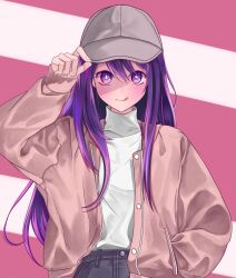 Rule 34 | 1girl, adjusting clothes, adjusting headwear, baseball cap, brown jacket, chinese commentary, closed mouth, commentary request, denim, grey hat, hair between eyes, hand in pocket, hat, highres, hoshino ai (oshi no ko), jacket, jeans, kuaixue shiqing, long hair, multicolored eyes, open clothes, open jacket, oshi no ko, pants, purple eyes, purple hair, shade, sidelocks, solo, sweater, tongue, tongue out, turtleneck, turtleneck sweater, variant set, white hat, white sweater, zipper