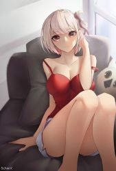 Rule 34 | 1girl, absurdres, bare legs, bare shoulders, bird, blonde hair, bob cut, breasts, camisole, cleavage, closed mouth, collarbone, couch, cushion, hair ribbon, hand in own hair, hand up, highres, knees up, large breasts, looking at viewer, lycoris recoil, nishikigi chisato, on couch, one side up, owl, red camisole, red eyes, red ribbon, ribbon, schwix, short hair, short shorts, shorts, sitting, solo, spaghetti strap, strap slip, thighs, white shorts, window