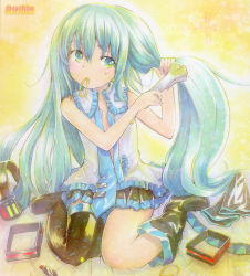 Rule 34 | 1girl, aged down, aqua eyes, aqua hair, bad id, bad pixiv id, bare shoulders, boots, hair brush, hair down, hairdressing, hatsune miku, kneeling, long hair, mayo riyo, mouth hold, necktie, open clothes, open shirt, shirt, sitting, solo, spring onion, sweat, sweatdrop, thigh boots, thighhighs, traditional media, vocaloid, wariza