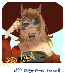 Rule 34 | 1girl, adjusting eyewear, animal ear fluff, animal ears, bare shoulders, black choker, blonde hair, blue background, border, character name, choker, closed mouth, dog ears, english text, hand on eyewear, hand up, happy birthday, hat, highres, kmnz, long hair, long sleeves, looking at viewer, mc lita, nail polish, o-ring, o-ring choker, off shoulder, polaroid, red hat, red lips, red nails, reflection, seimannu, smile, solo, strapless, sunglasses, tube top, upper body, virtual youtuber, white border