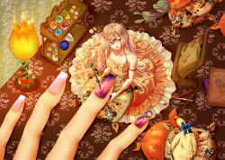 Rule 34 | 1girl, applying manicure, armlet, art brush, bare shoulders, bird, blonde hair, book, bow, bracer, collarbone, cushion, diadem, dress, duck, eyelashes, fingernails, floral print, flower, from above, gown, gray312, hair between eyes, hand focus, highres, lamp, lipstick, long fingernails, long hair, looking to the side, makeup, mini person, minigirl, mushroom, nail art, nail polish, oekaki musume, open book, original, paintbrush, painting (action), painting nails, parted bangs, pillow, purple eyes, red lips, ribbon, shelf, sitting, size difference, solo focus, strapless, strapless dress, stuffed animal, stuffed rabbit, stuffed toy, tiara, very long hair, wavy hair, yellow dress