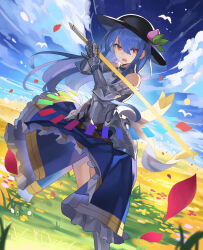Rule 34 | 1girl, adapted costume, armor, bare shoulders, black headwear, blue hair, blue skirt, blue sky, cloud, commentary, day, falken (yutozin), faulds, food, frilled skirt, frills, fruit, gauntlets, hair between eyes, hat, highres, hinanawi tenshi, holding, holding sword, holding weapon, long hair, long skirt, looking at viewer, open mouth, outdoors, peach, petals, rainbow order, red eyes, revision, skirt, sky, smile, sword, touhou, unworn hat, unworn headwear, very long hair, weapon, wind