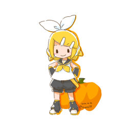 Rule 34 | 1girl, arm warmers, bare shoulders, black shorts, black sleeves, blonde hair, blush stickers, bow, chibi, commentary, dated, full body, hair bow, hair ornament, hairclip, halloween, hands on own hips, headphones, kagamine rin, looking at viewer, neckerchief, pumpkin, sailor collar, sanpati, school uniform, shirt, short hair, shorts, shoulder tattoo, sleeveless, sleeveless shirt, smile, solid oval eyes, solo, standing, swept bangs, tattoo, treble clef, twitter username, vocaloid, white background, white bow, white shirt, yellow neckerchief