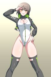 Rule 34 | 1girl, alice gear aegis, black jacket, black thighhighs, breasts, brown hair, circle cutout, cleavage, cleavage cutout, clothing cutout, companion/af, covered collarbone, feet out of frame, front zipper, full-length zipper, gradient background, green eyes, hand on own hip, heattech leotard, highleg, highleg leotard, ishitsuma canon, jacket, leotard, medium breasts, onaga akino, race queen, salute, short hair, sleeveless turtleneck leotard, smile, solo, thighhighs, two-tone leotard, white leotard, zipper, zipper leotard, zipper pull tab