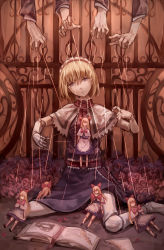 Rule 34 | 1girl, alice margatroid, blonde hair, book, capelet, doll, doll joints, dress, empty eyes, flower, gate, hairband, highres, joints, looking at viewer, muted color, no eyes, no nose, no pupils, norizc, out of frame, rose, shanghai doll, short hair, sitting, solo focus, string, touhou, wariza