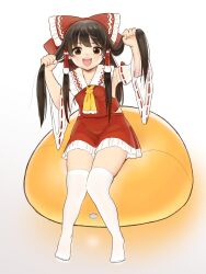 Rule 34 | 1girl, :d, absurdres, alternate hairstyle, armpits, ascot, bean bag chair, blush, bow, breasts, brown eyes, brown hair, bunching hair, detached sleeves, hair bow, hair tubes, hakurei reimu, hands up, highres, holding, holding own hair, housulu, knees together feet apart, long hair, looking at viewer, no shoes, open mouth, over-kneehighs, petite, red bow, ribbon-trimmed sleeves, ribbon trim, simple background, sitting, skirt, skirt set, sleeves past elbows, small breasts, smile, solo, thighhighs, touhou, twintails, white background, white thighhighs, wide sleeves